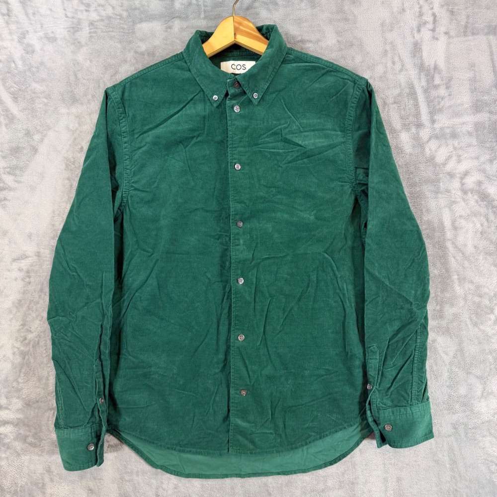 COS Mens Regular Fit Corduroy Button Down Shirt Size M Green Long Sleeve Cotton